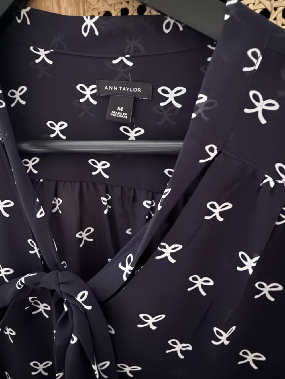 Ann Taylor Navy Bow-Print Tie-Neck Blouse